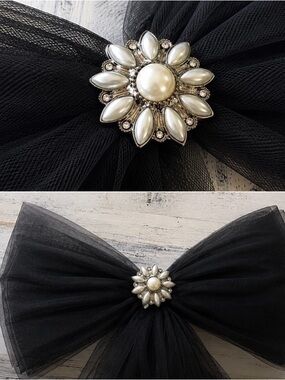 Black Booty Bow with Pearl Floral Brooch Accent Pin - Bachelorette Party Bow